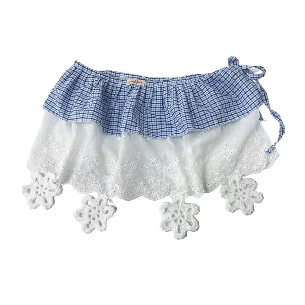 Voguable  Japanese Plaid Lace Fart Curtain Sweet Fresh Cake Flower All-match Slim Skirt French Panelled Minority New Women Faldas voguable