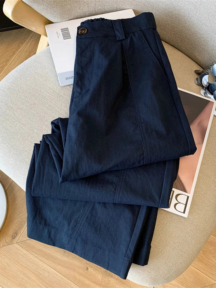 Casual Elegant Wide Leg Pant Women Vintage High Waist Loose Korean Trousers Fall Winter Pockets Solid Simple Retro Pants voguable