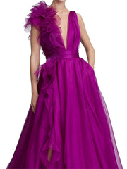 Voguable  Purple V-neck Prom Dress  Sleeveless Organza Prom Gown Hydrangea Ball Party Dress voguable