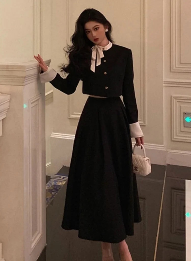 Women Elegant Korean 2 Piece Set Autumn Trend Lace Up Single Breasted Blazer Hight Waist Skirt Suit Office Lady Black Outfits voguable