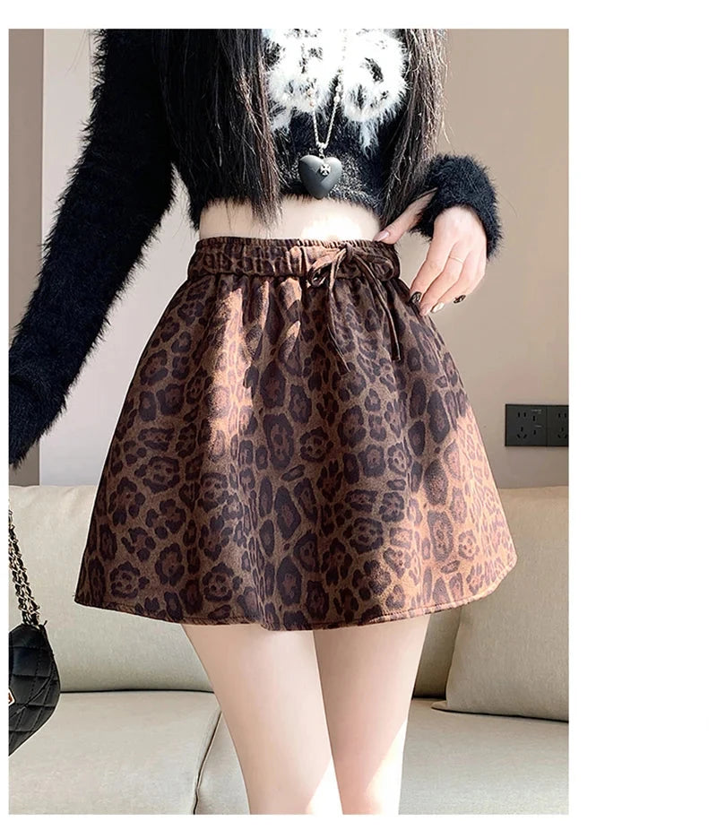 Y2K Leopard Mini Skirt Women High Waist Faux Suede Fabric A Line Skirts Streetwear Fall Winter Loose Vintage Sexy Skirts voguable