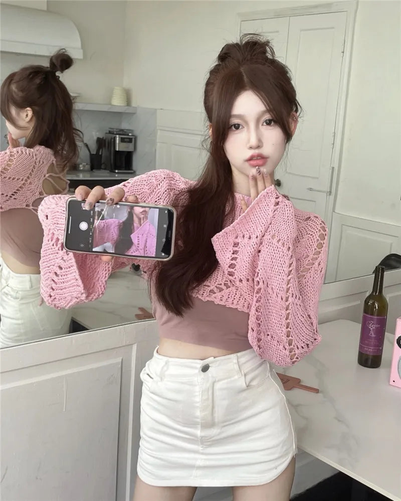Voguable 2024 Summer New Korean Hollow Sexy Backless Lace-up Solid Color Long-sleeved Sweater Women + Basic Camisole Two-piece Suit voguable