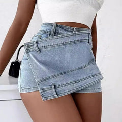 Voguable  Fashion Irregular Splicing Women's Denim Shorts Summer High Waisted A-line Jean Skirt Shorts Woman Slim Washed Blue Cowboy Pants voguable