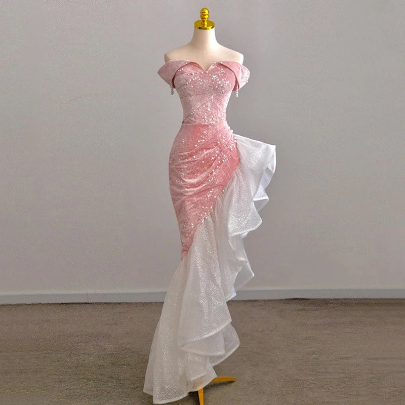 Voguable Host Evening Dress Luxury Dress Party Sexy Skirt Bare Chest And Sleeveless Dress Party Bridal Toast Dress Pink Glitter Skirt voguable