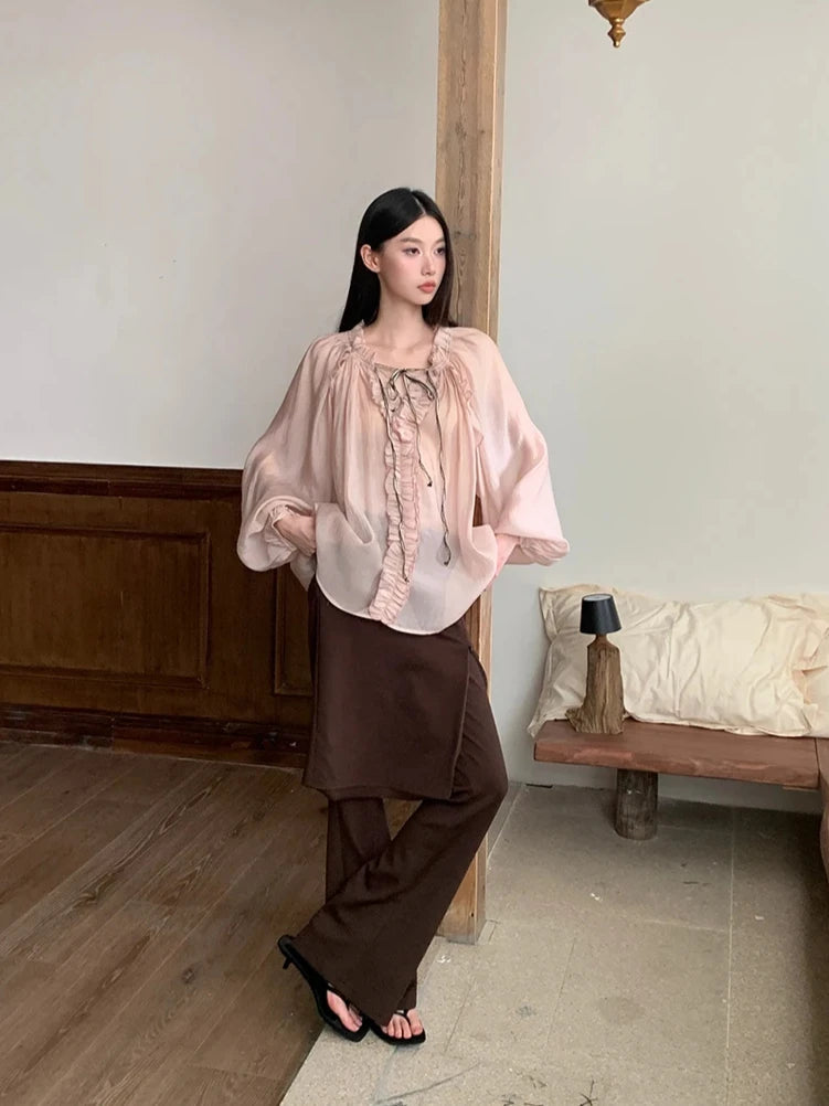 Fall 2025 Fashion Woman Ruffle Lantern Sleeve Sheer Blouse Women V Neck Bandage Oversize Top Designer Fashion Clothes voguable