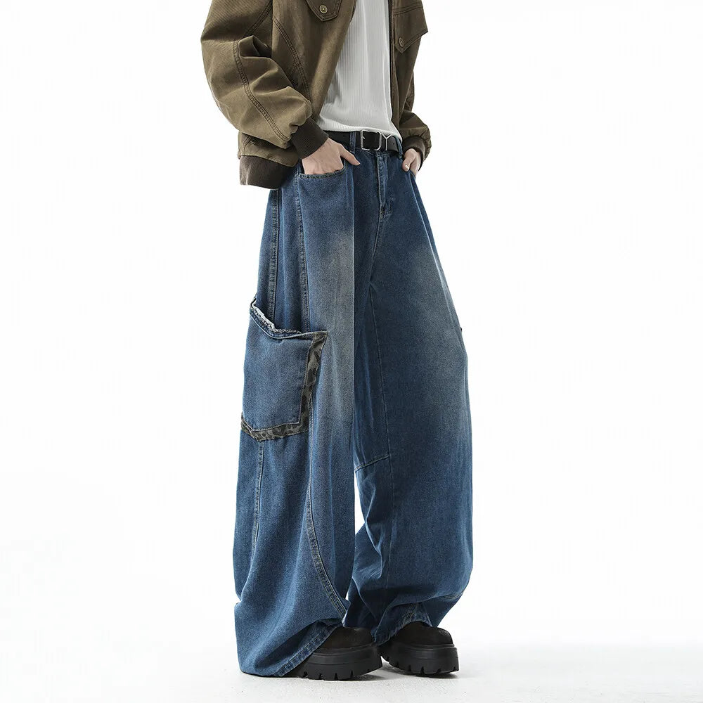 Men Washed Loose Wide Leg Jeans Patchwork Side Pockets Streetwear Casual Denim Pants Fashion Trendy Comfort Vintage Distressed voguable