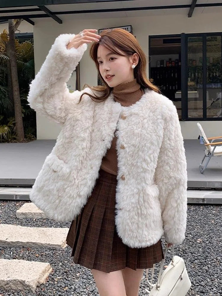 Winter Chic Faux Lamb Coat Women Korean Long Sleeve O Neck Fashion Jacket Sweet Warm Female Elegant All Match Solid Outwear Tops voguable