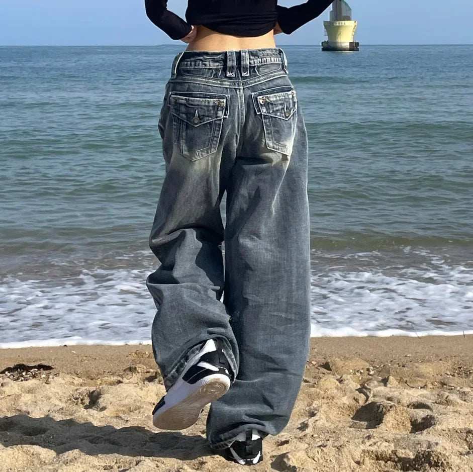HOUZHOU Y2k Vintage 90s Streetwear High Waist Wide Leg Pants American Retro Grunge Casual HipHop Oversized Baggy Denim Pant 2024 voguable