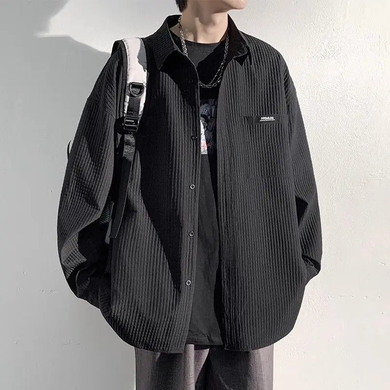 Spring Autumn New Fashion Turn-down Collar Long Sleeve Solid Color Striped Blouse Men's Clothing Korean Button All-match Shirts voguable
