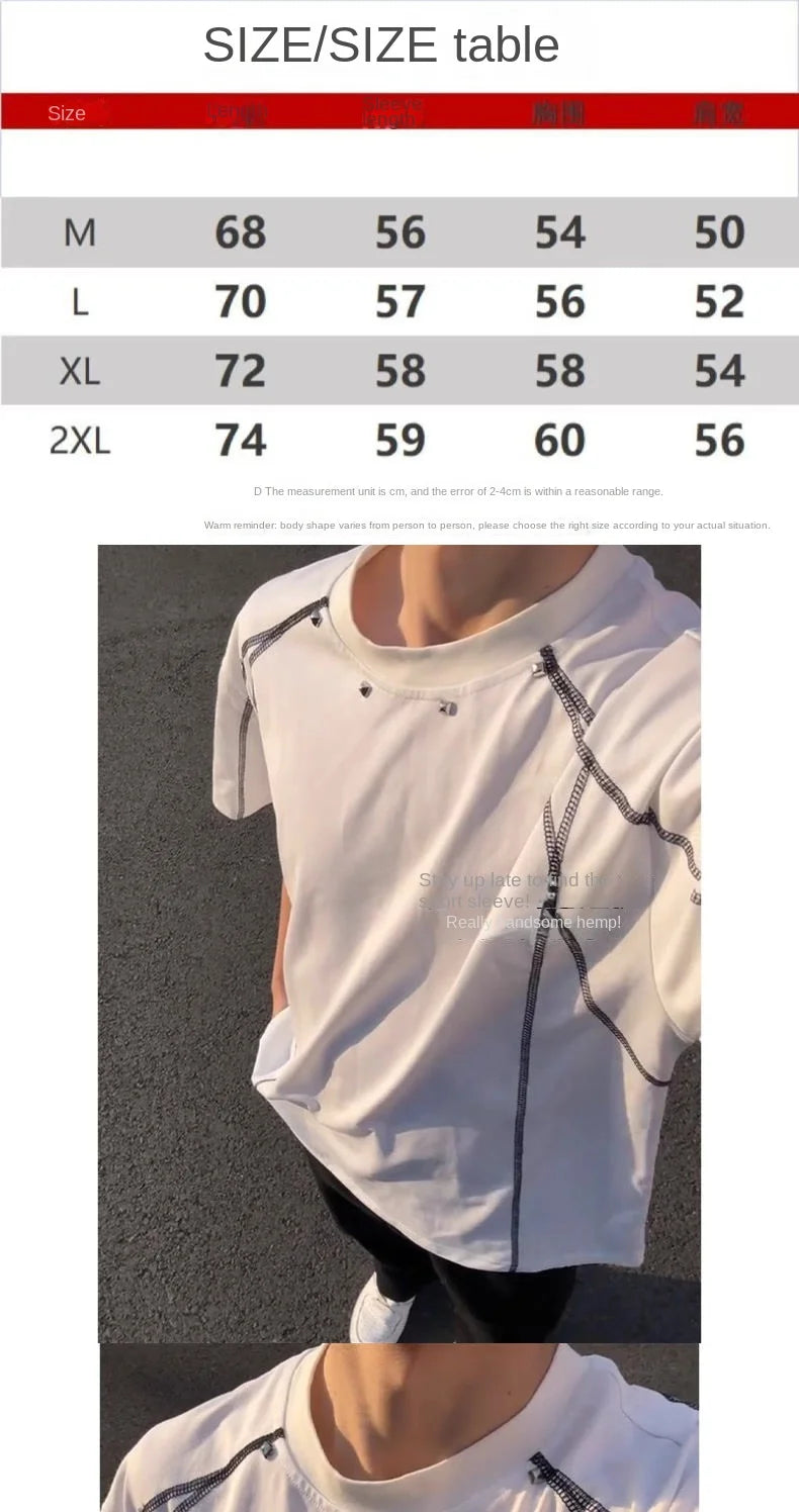 Voguable  American High Street Line Patch Short Sleeve T Shirt Men Trendy Design Regular Shoulder Small voguable