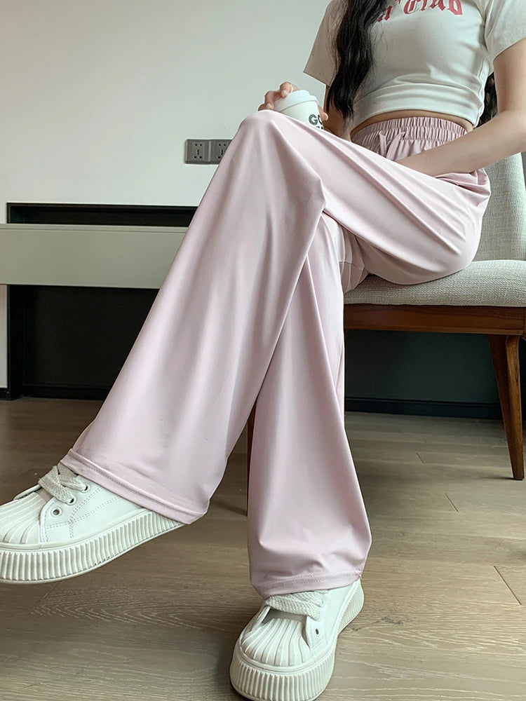 Summer Thin Ice Silk Sun Protection Pants Women Y2K High Waist Loose Wide Leg Trousers Solid All-Match Simple Straight Pants voguable