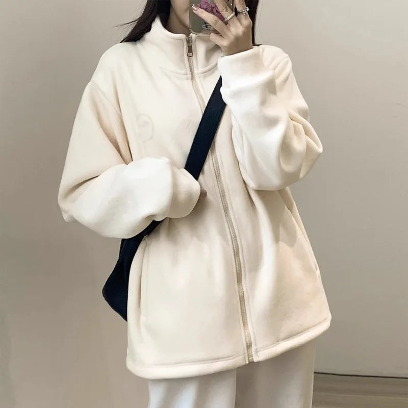 Women Zip Hoodie Thicken Fuzzy Fleece Sweatshirts Lamb Wool Zipper Thickened Oversize White Stand Collar Coats Soft Outerwear voguable