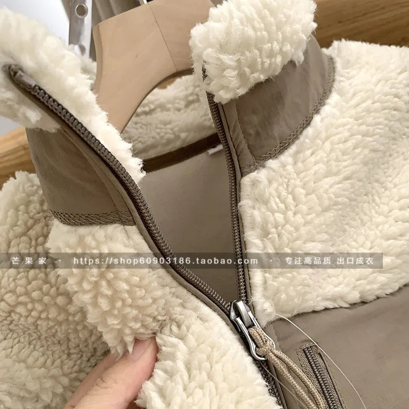 Autumn Winter Lambswool Coat Male Loose Windproof Warm Sherpa Stand Collar Polar Fleece Jacket Unisex Simple  Pocket Spliced Top voguable