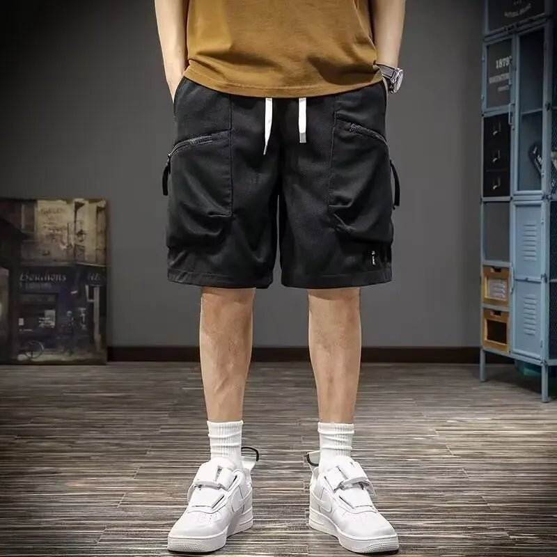 Men Fashion Summer Cargo Shorts Multiple Pockets Zipper Knee Pants Loose Basketball Running Sport Solid Casual All-match Shorts voguable