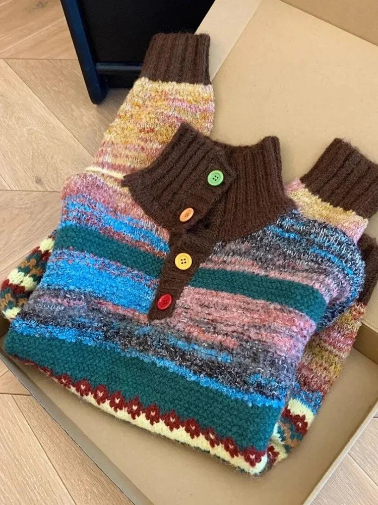 Vintage Print Harajuku Sweater Women Loose Fall Winter Sweet Knitted Jumper Casual Stand Collar Long Sleeve American Retro Tops voguable