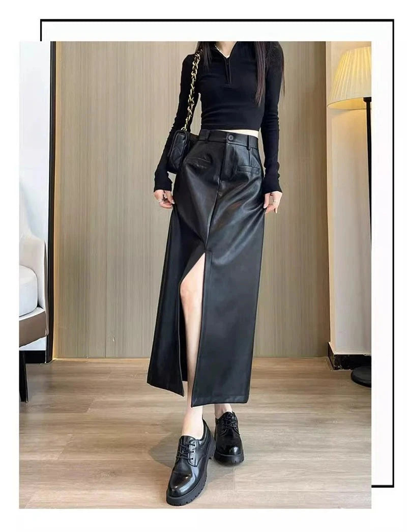 Sexy Slit Pu Long Skirt Women High Waist Slim Vintage Skirts Casual Fall Winter Lady Solid Retro American Streetwear Long Skirt voguable