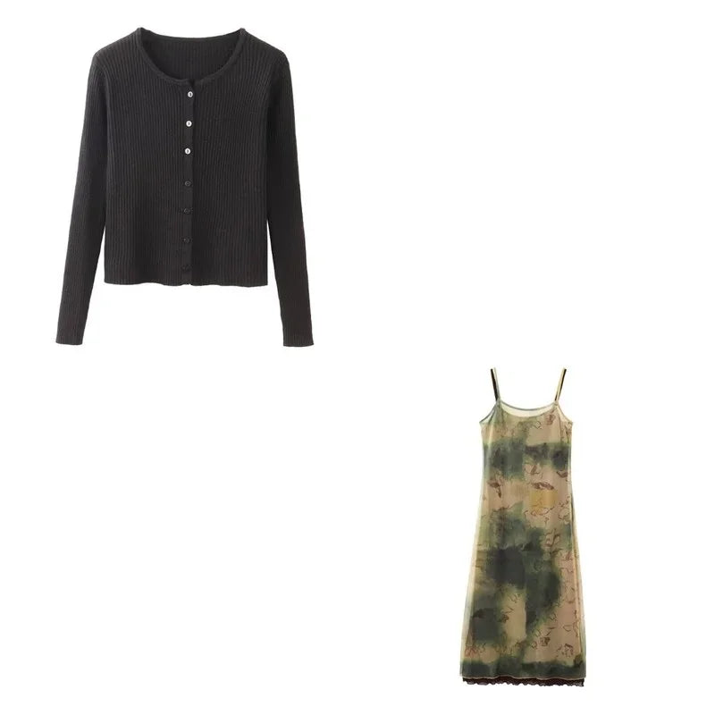 Voguable Tie-dye Gauze Suspender Dress Women 2024 Spring Korean Retro Strapless Mid-length Dress + Black Knitted Cardigan Two-piece Suit voguable