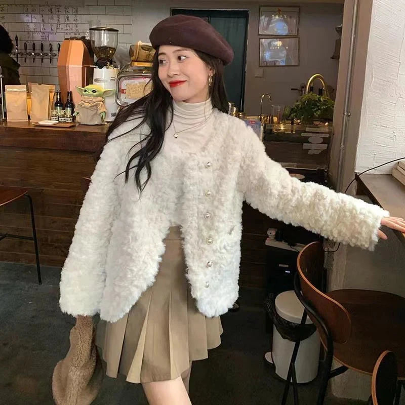 Women Sweet Cute Faux Lamb Coat Winter Warm Thick Slim Long Sleeve Vintage Jacket Korean O Neck Elegant Pearls Buttons Tops New voguable