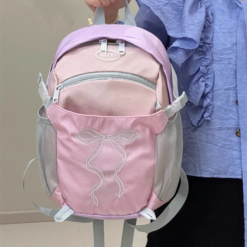 Women Students Travel Bags Patchwork Contrast Color Schoolbags Preppy Chic Kawaii Bow Embroidery Backpacks Y2k Aesthetic Fashion voguable