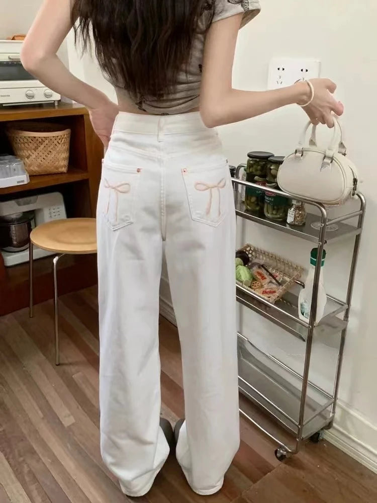 Voguable 2024 Blue Jeans for Women High Quality High Waist American Wide Leg Pants Bow Embroidery Y2K Vintage Straight Summer Trousers voguable