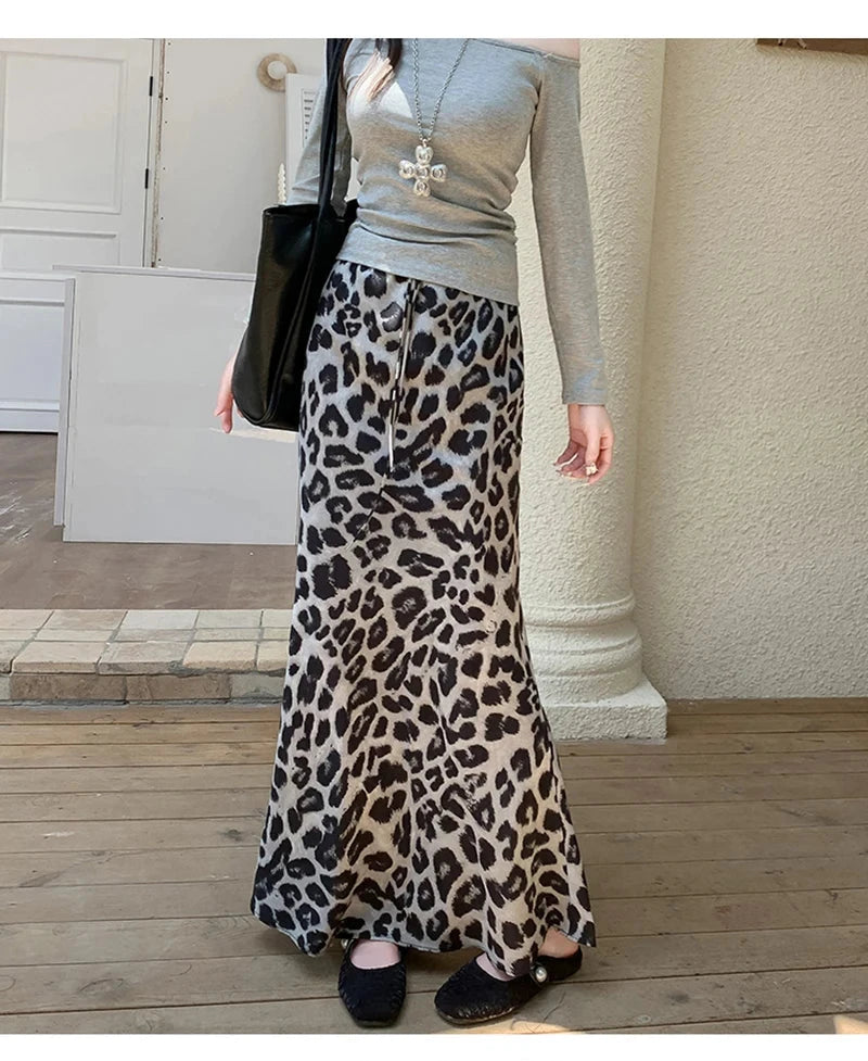 Sexy Slim Leopard Long Skirts Women High Waist Retro Streetwear Y2K Skirt Fall Casual Harajuku American Vintage Long Skirt voguable