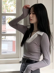 False Two piece Long sleeve Cropped T-Shirt With Collar Women Sexy Body Polo Neck Crop Top Spring Fall Basic Tee Lady Korean New voguable