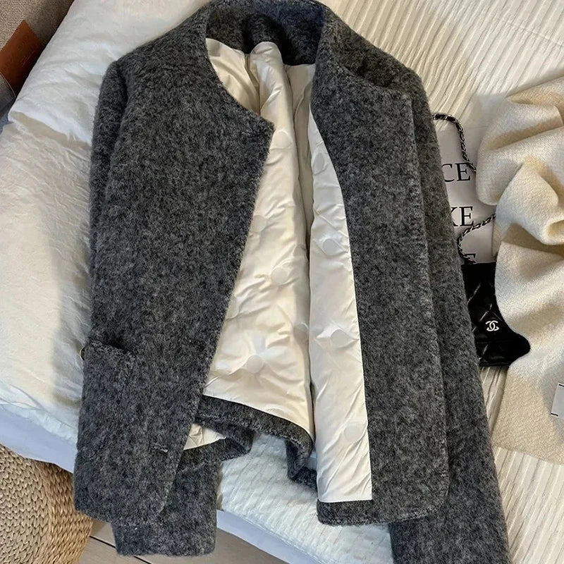 Vintage Faux Woolen Coat Women Warm Winter Thick Long Sleeve Gray Cotton Jacket Female Retro O Neck Pockets Casual Tops New voguable