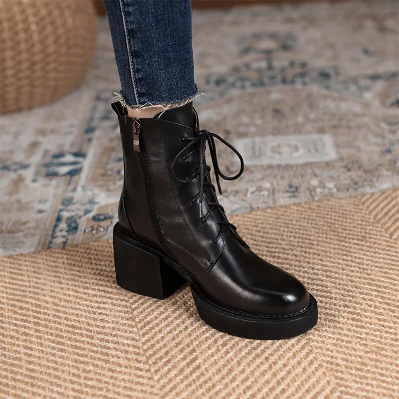 Retro Lace-up Mature Female Concise Women Ankle Boots Genuine Leather Thick Heels Autumn Winter Side Zipper Office Shoes Woman voguable