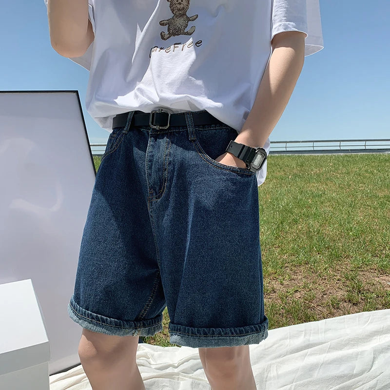 Voguable Summer Denim Shorts Men Fashion Retro Blue Denim Shorts Men Streetwear Korean Loose Straight Jeans Shorts Men Five Part Pants voguable