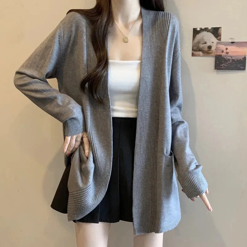 Knitted Women Cardigan Autumn Loose Long Sleeve V Neck Casual Sweater Coat Korean Solid Simple Basic Female All Match Cardigan voguable