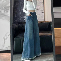 Voguable  Washed Burrs Wide Leg Denim Trousers Women's Spring Autumn New Fashion Vintage High Waist Loose Street Mop Pants voguable