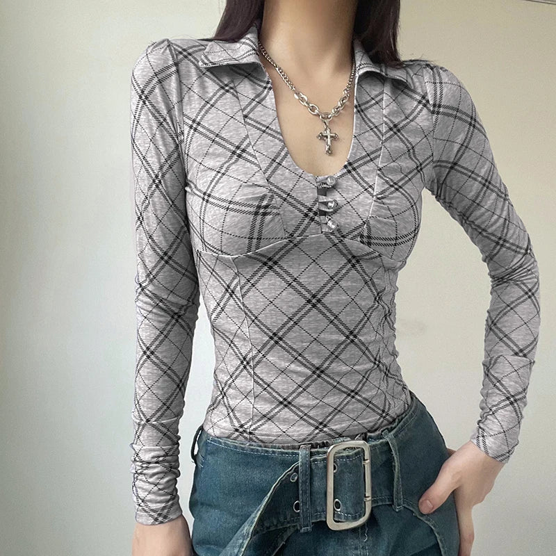 Voguable High Street Plaid T-shirt Grey Vintage Slim Long Sleeve Turn-down V-neck Tops Autumn Chic Elegant Pullovers Ladies Tops voguable