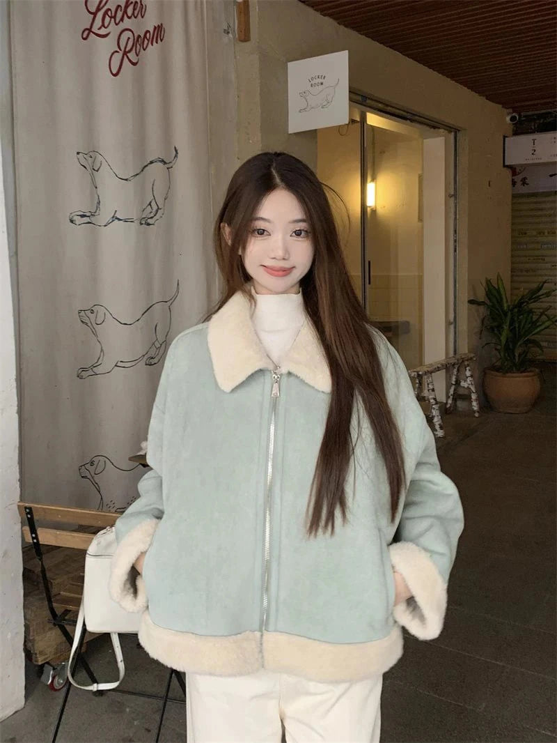 Faux Suede Lamb Jackets Women Winter Warm Thick Sweet Cute Short Coat Korean Vintage Loose Long Sleeve Preppy Style Tops voguable