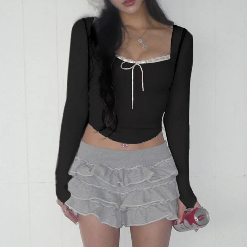 Voguable  Y2K Lace Ribbons Lace-up Bow Cropped Top Pink Cute Casual Basic Irregular Knitted Tops Coquette Aesthetic Slim-fit Tees voguable