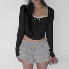 Voguable  Y2K Lace Ribbons Lace-up Bow Cropped Top Pink Cute Casual Basic Irregular Knitted Tops Coquette Aesthetic Slim-fit Tees voguable