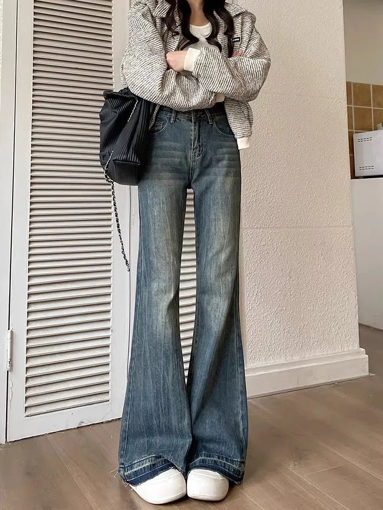 Voguable Fashion Slim Casual Vintage Blue Women‘s Jeans Winter American Style Chic Office Ladies Pockets Basic Female Flare Pants voguable