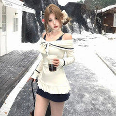 Elegant Sexy Two-piece Set Mini Dress Women Coquette Off Shoulder Evening Party Dress Sweet Korean Style Ruffle Dresses voguable