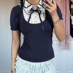 Voguable Preppy Style Contrast Patchwork Bow Peter Pan Collar Top Women's Summer Cute Puff Sleeve T-shirt Y2K voguable