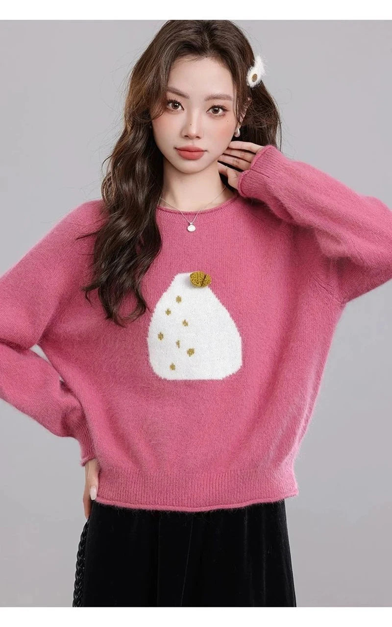 Chic Print Sweet Sweaters Women Casual Preppy Style Cute O Neck Pullover Loose Long Sleeve Fashion Fall Winter Korean Jumper New voguable