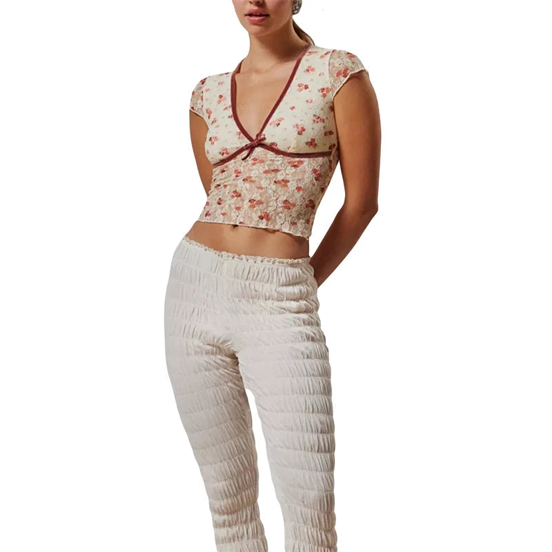 Sheer Crop Top 2000s Women Sexy See Through V Neck Sleeveless Floral Lace Tanks Slim Fit Vest y2k Aesthetic Clothing voguable