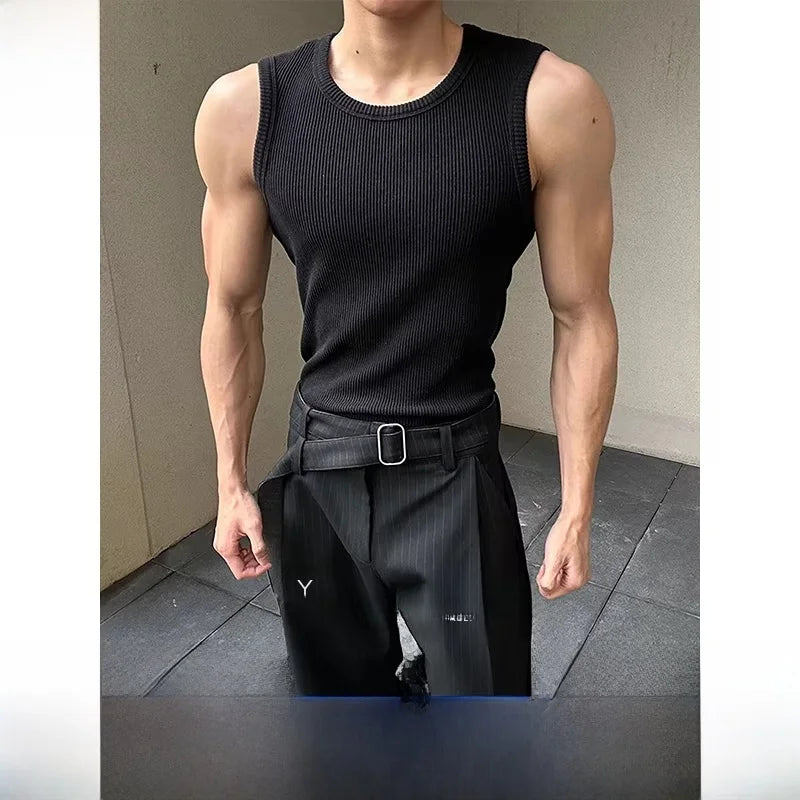 Voguable  Elastic Fitn Tank Top Men's Svel Sportswear Muscle Enhancing American Sle Sweatirt Casual Summer T-irt voguable