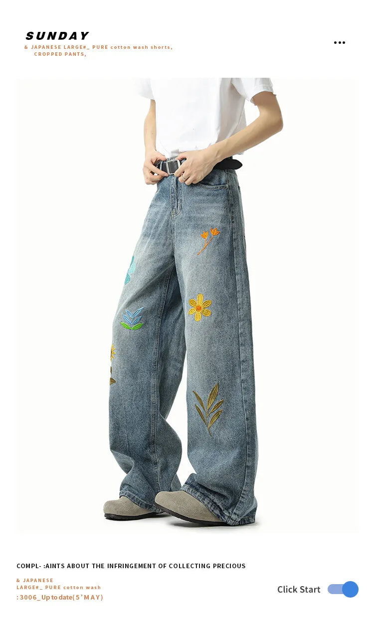 Jeans Men Washed Embroidered Jeans Loose Fit Straight Wide Leg Casual Denim Pants Fashion Trendy Streetwear Trousers Comfort voguable