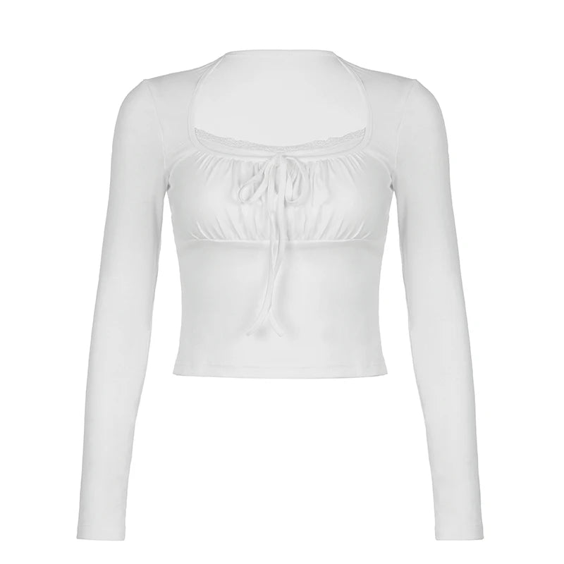 Voguable Gentle Elegant Lace Patchwork Knitted Cropped Top White Coquette Slim Long Sleeve T-shirts Fall Cute Casual Knitwear voguable