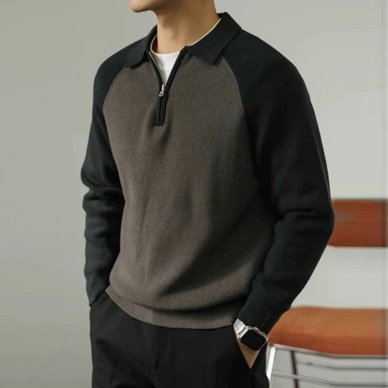 New American Chic Men Polo Sweater Luxury Trendy Business Zip-up Knit Solid Color Pullover Leisure Slim-fit Long Sleeve Knitwear voguable