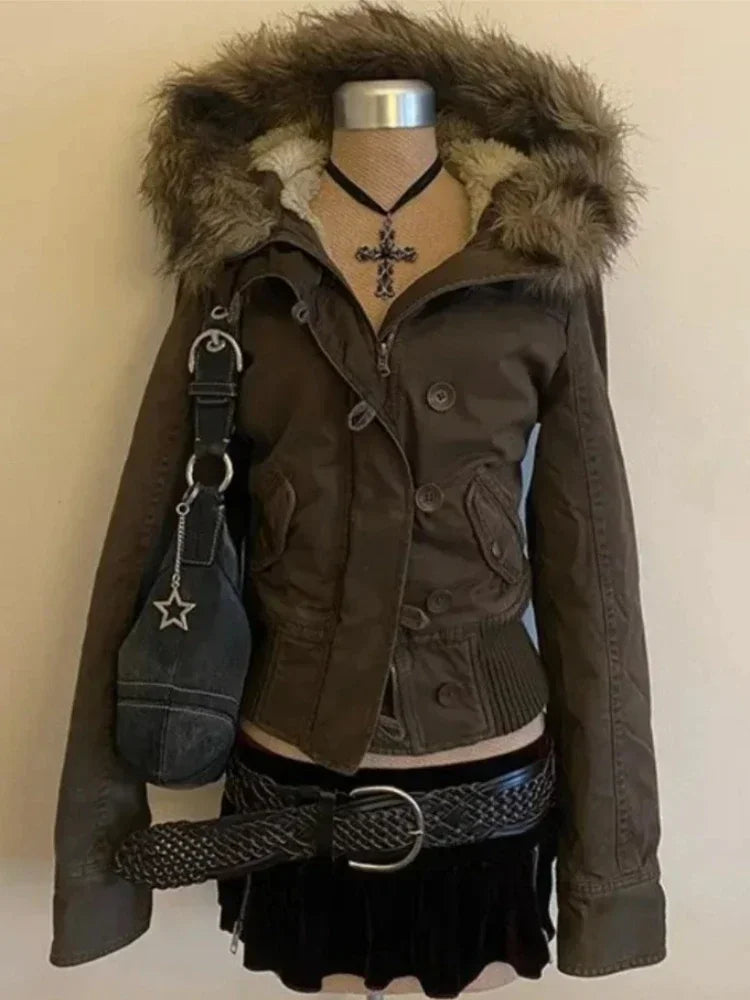 Voguable  WomenBlack Hooded Parka Jacket with Big Faux Fur Collar Gothic Metal Buckle Zip Up Slim Fit Winter Warm Coat Streetwear Y2K voguable