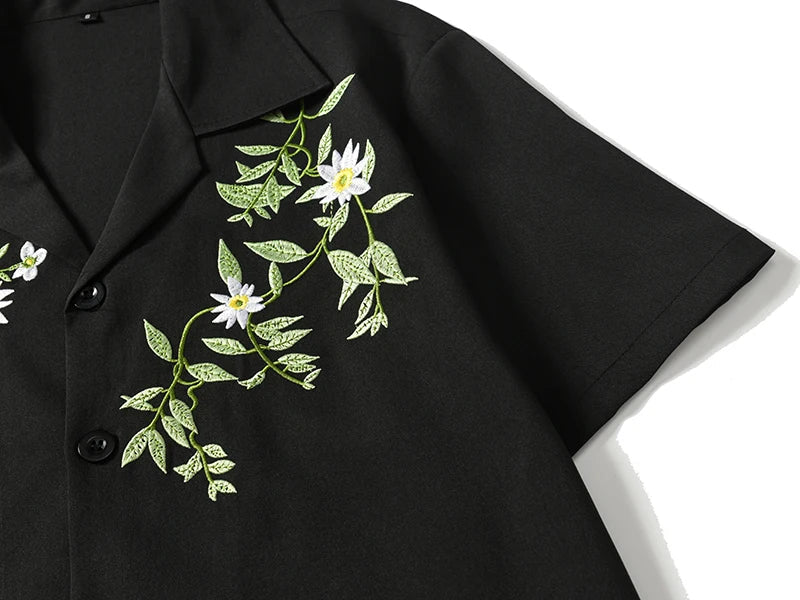 Dark Icon Embroidery Cool Material Men's Shirt Short Sleeve Hawaii Beach Shirts Black Beige voguable