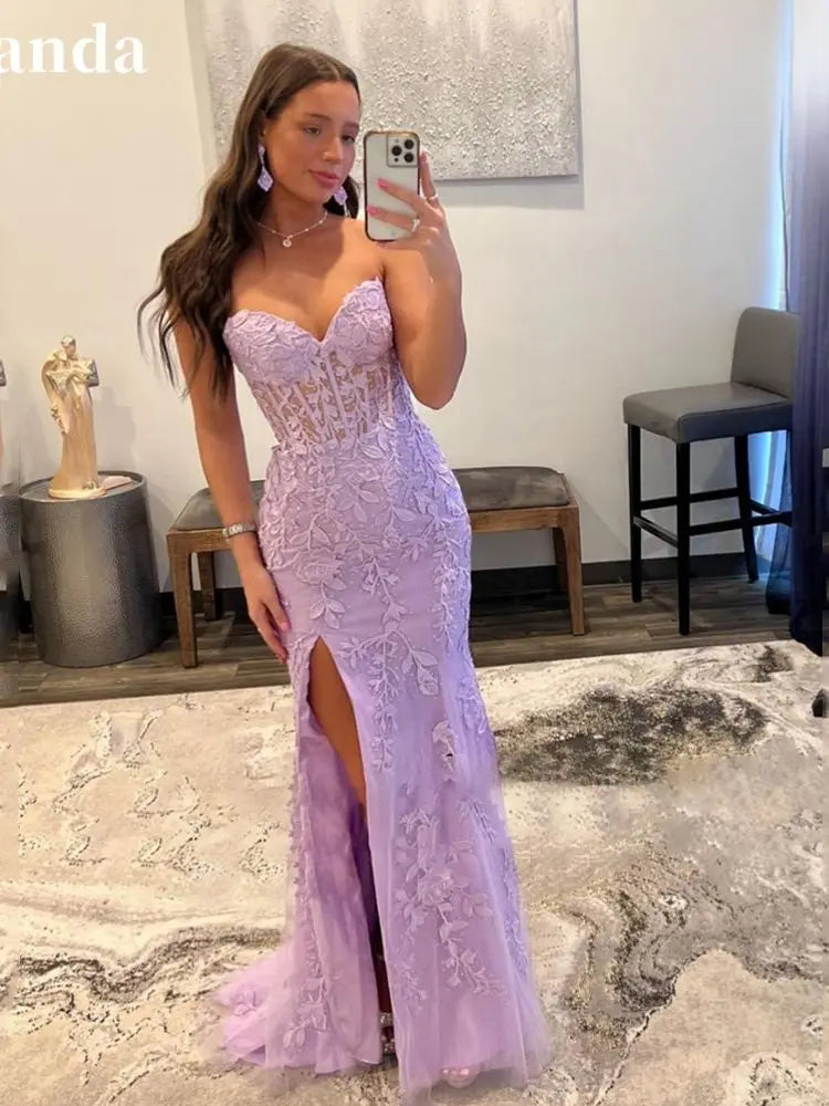 Voguable   Lilac Lace Embroid Evening Dress Sexy Mermaid Prom Dress Strapless Fishtail Party Dress Trumpet voguable