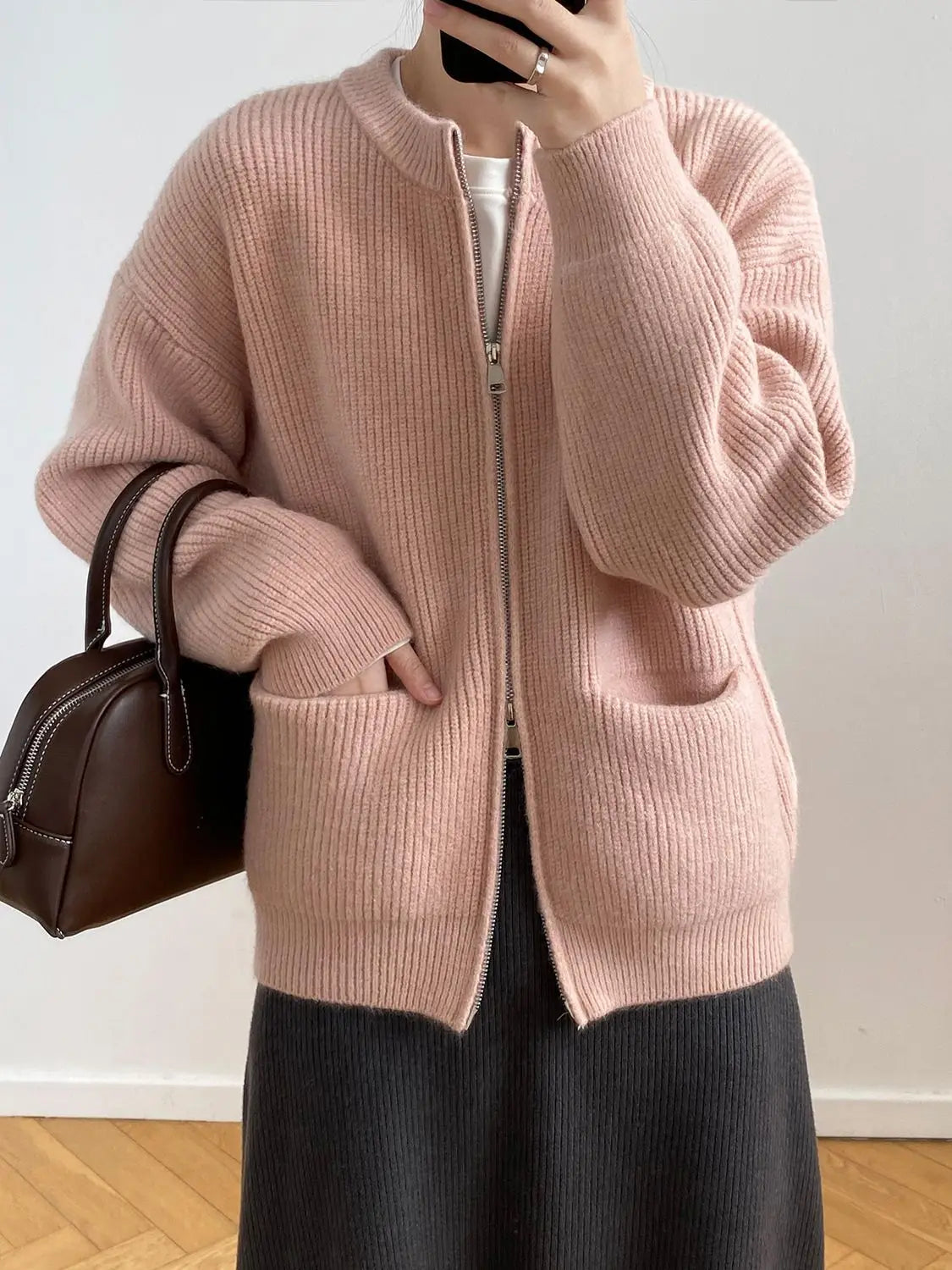 Sweater Cardigan Women Autumn Double Zipper Casual Korean Knitwear Coat Solid Color Loose Soft Long Sleeve Jackets Outerwear voguable