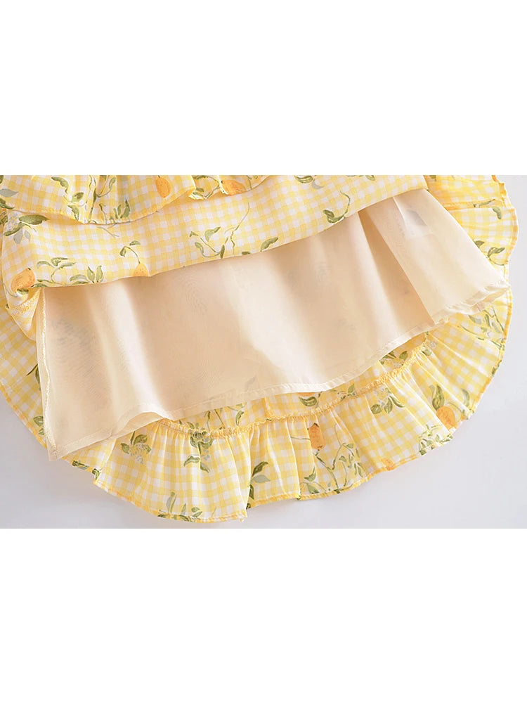 Voguable  Women Plaid Lemon Print Yellow Sling Short Dress Vintage Ladies Summer A-line Chiffon Dress French Style voguable