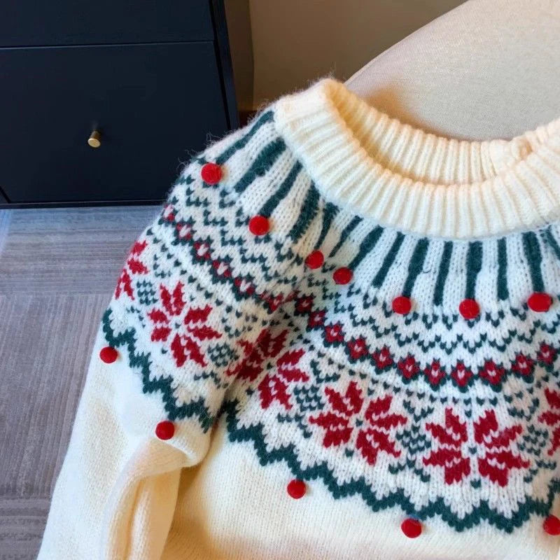 Sweet Print Christmas Red Sweater Women Cute O Neck Vintage Knitted Jumper Casual Korean Lady Fall Winter Preppy Style Loose Top voguable